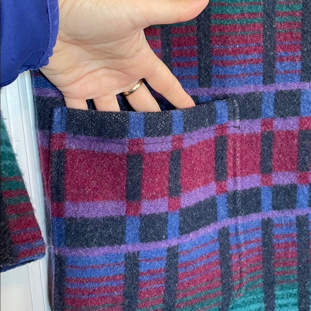 VTG 80s L.L.Bean wool blend stadium blanket Aztec coat Southwestern plaid pocket - Picture 4 of 12